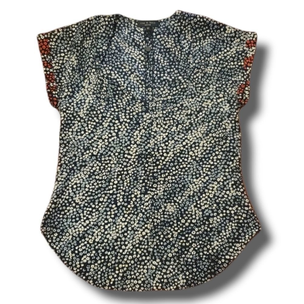 Rag & Bone New York Navy Blue White Silk Floral Cap Sleeve‎ V-Neck Blouse 00